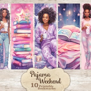 Segnalibri neri del fine settimana del pigiama, set di segnalibri stampabili e tagliati, segnalibri stampabili per donne, segnalibri ragazza nera, Bookworm digitale, libri png