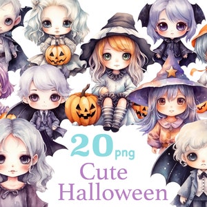 Simpatica clipart di Halloween, clipart di Halloween per ragazze, clipart donna kawaii, bambini stampabili, clipart di personaggi di Halloween carini, sublimazione