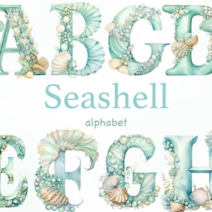 Alfabeto de conchas marinas, invitación de boda con fuente de playa de verano, imágenes prediseñadas de boda en la playa, alfabeto png, letra png, letras de mar, alfabeto de mar png