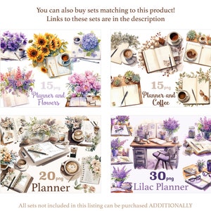 May include: Four digital illustrations of watercolor paintings featuring planner and coffee themes. The first image features flowers and a planner. The second image features coffee and a planner. The third image features a planner with coffee and flowers. The fourth image features a desk with a planner, coffee, and flowers. The text on the images reads "15 png Planner and Flowers", "15 png Planner and Coffee", "20 png Planner", and "30 png Lilac Planner".