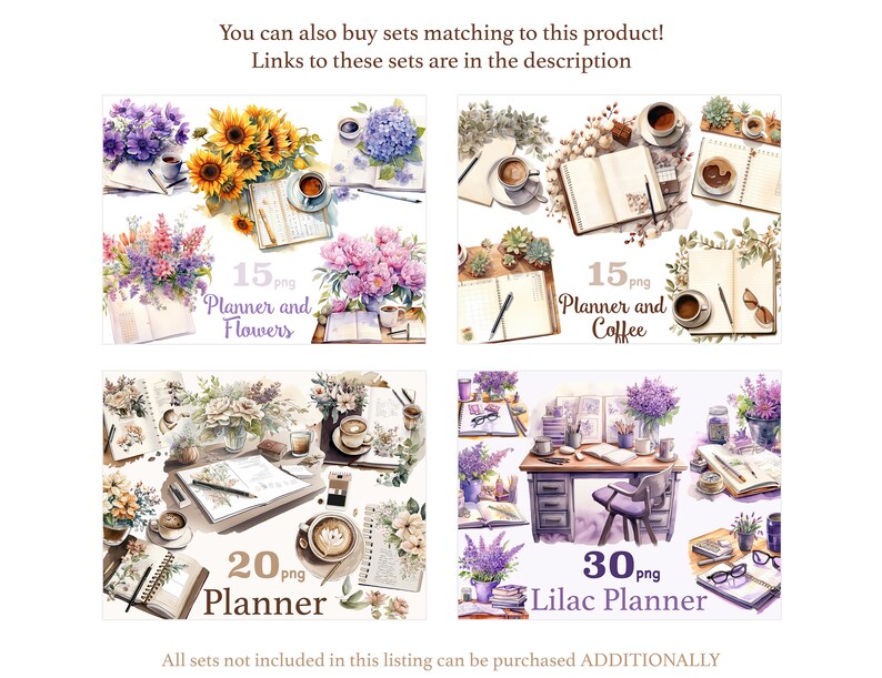 May include: Four digital illustrations of watercolor paintings featuring planner and coffee themes. The first image features flowers and a planner. The second image features coffee and a planner. The third image features a planner with coffee and flowers. The fourth image features a desk with a planner, coffee, and flowers. The text on the images reads "15 png Planner and Flowers", "15 png Planner and Coffee", "20 png Planner", and "30 png Lilac Planner".