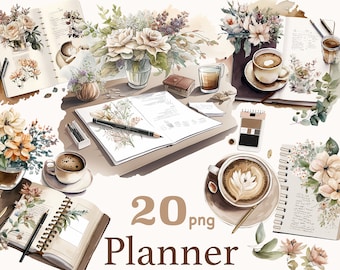 Planner girl clipart, Watercolor Coffee and Journaling Clipart Bundle, Planner Scenes, Neutral Journal Clipart Set, coffee scene graphic