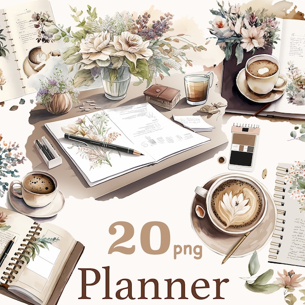 Planner girl clipart, Watercolor Coffee and Journaling Clipart Bundle, Planner Scenes, Neutral Journal Clipart Set, coffee scene graphic