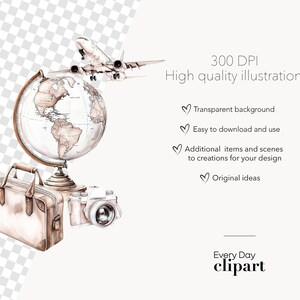 May include: A watercolor illustration of a globe, a suitcase, a camera, and a plane. The globe is brown and white and has a map of the world on it. The suitcase is brown and has a leather strap. The camera is brown and has a lens. The plane is white and has a blue tail.