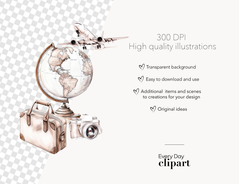 May include: A watercolor illustration of a globe, a suitcase, a camera, and a plane. The globe is brown and white and has a map of the world on it. The suitcase is brown and has a leather strap. The camera is brown and has a lens. The plane is white and has a blue tail.