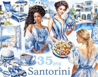 Santorini Vacation Clipart: Summer Girls PNG Bundle (35 Files)
