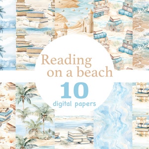Lesen am Strand digitale Papiere, Lesen am Strand nahtlose Muster, Sommer Lesepapier, Strand und Bücher Papier, Strand und Bücher Muster