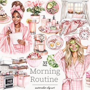 Clipart routine matinale, clipart soins personnels, pyjama clipart, clipart spa, clipart détente, clipart week-end, amour de soi PNG, téléchargement numérique
