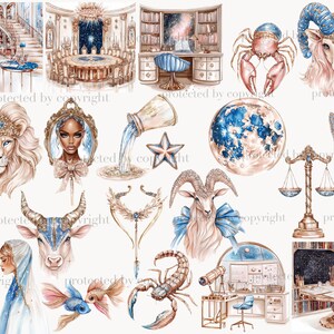 May include: A collection of watercolor illustrations featuring zodiac signs, celestial elements, and interior scenes. The images include a ram, crab, lion, and other astrological symbols, rendered in soft colors with gold accents. The overall theme is mystical and artistic.