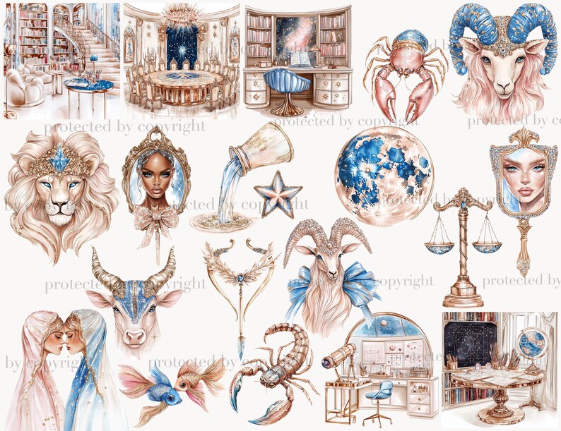 May include: A collection of watercolor illustrations featuring zodiac signs, celestial elements, and interior scenes. The images include a ram, crab, lion, and other astrological symbols, rendered in soft colors with gold accents. The overall theme is mystical and artistic.