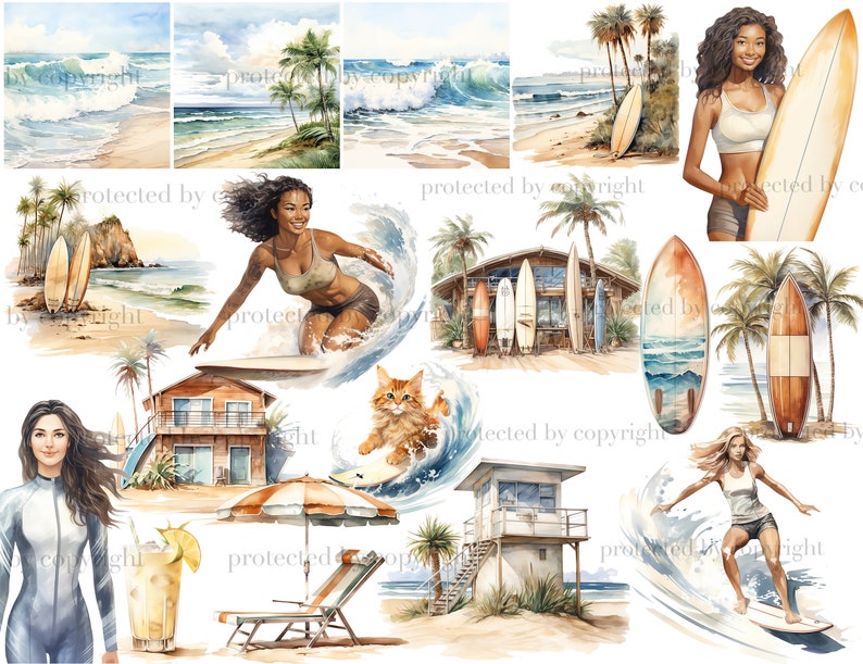 Surf Girl Clipart: Summer Surfing PNG Graphics (Digital Download) image 4