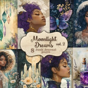 Kit de journal indésirable Moonlight Dreams Ephemera Pack pour femme noire journal indésirable Celestial Junk Journal imprimable Scrapbooking mystique sur papier au clair de lune