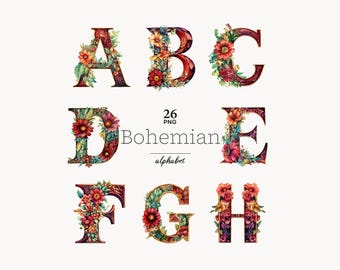 Boho Wedding Alphabet Clipart: burgundy Floral letters PNG (Digital Download)