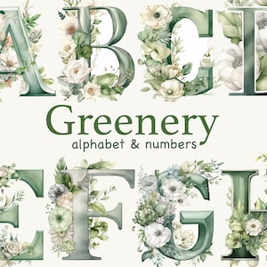Greenery Alphabet letras y números clipart, acuarela floral clip art invitación de boda letras png, monograma de fuente de símbolo
