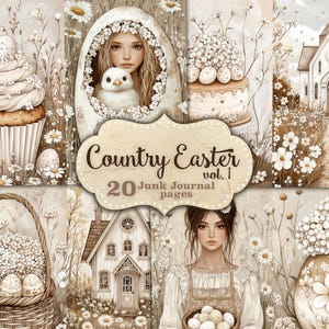 Puede incluir: Un collage digital con el tema "Country Easter" con 20 páginas de diario basura. La obra de arte incluye ilustraciones de una magdalena, una iglesia, una cesta, una casa y una mujer sosteniendo huevos, todo en una paleta de colores sepia suave con acentos florales.