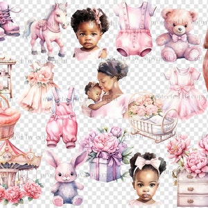Baby Girl Black Clipart. Watercolor black girls, black baby girl in mother's arms, pregnant black girl in pink dress, pink baby toys and pink clothes, pink peonies baby carousel, baby pink pony, pink teddy bear, rabbit, baby pink jumpsuit, boots