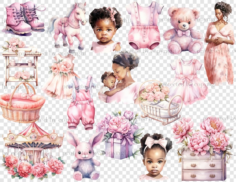 Baby Girl Black Clipart. Watercolor black girls, black baby girl in mother's arms, pregnant black girl in pink dress, pink baby toys and pink clothes, pink peonies baby carousel, baby pink pony, pink teddy bear, rabbit, baby pink jumpsuit, boots