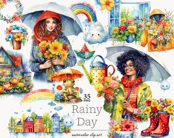 Rainy Day Clipart Bundle, Watercolor Umbrella PNG (Digital Download)