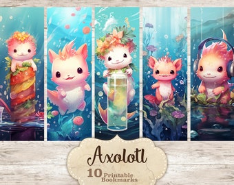 Axolotl Bookmarks Set, Watercolor Style (Digital Download)