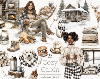 Cozy Winter Cabin Clipart: Neutral PNG Graphics (Digital Download, 35 Files)