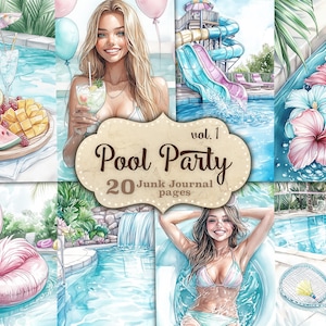 Kit per diario di festa in piscina, kit per album estivi, carta da cocktail, download digitale per giornata in piscina, ragazza in bikini, stampabile, articoli per il diario delle vacanze
