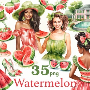 Image clipart pastèque, fille avec clipart pastèque, fille noire avec png pastèque, scène avec pastèque, clipart jardin pastèque, été