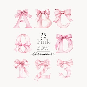 Pode incluir: Ilustração em aquarela de letras e números rosa, cada um adornado com um laço rosa correspondente. As letras A, B, C, D e os números 0, 1, 2 e 3 são exibidos. O texto diz "Pink Bow alphabet and numbers".