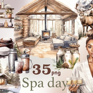 Spa dag clipart, spa zwart meisje clipart, winter Cottagecore Clipart, Wellness Selfcare Clipart, Badkamer scène, Luie dag clipart, cabine png