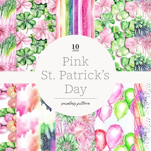 May include: A set of 10 digital seamless patterns featuring pink, green, and white watercolor designs. The patterns include shamrocks, balloons, coins, and abstract designs. The text "Pink St. Patrick's Day seamless pattern" is included in the image.