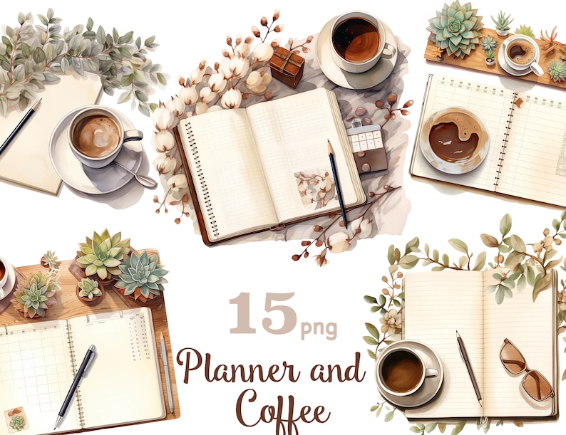 May include: A watercolor illustration of 15 planner and coffee themed images. The images feature open notebooks, coffee cups, succulents, and cotton sprigs. The text "15 png Planner and Coffee" is written in brown text at the bottom of the image.