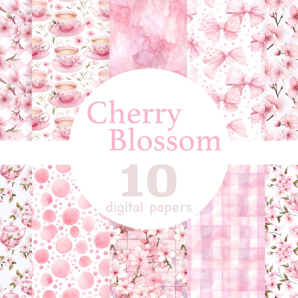 Cherry Blossom digital paper, Cherry Blossom seamless pattern, Cherry Blossom Background, Tea party digital paper, Tea party pink pattern