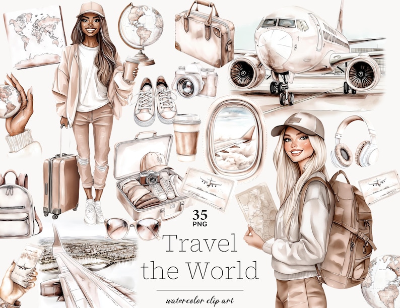 May include: A set of 35 watercolor illustrations featuring travel-themed elements. The illustrations include a woman with a suitcase, a globe, a plane, a passport, a map, sunglasses, a coffee cup, and headphones. The illustrations are in a soft, muted color palette and have a whimsical, hand-drawn style.