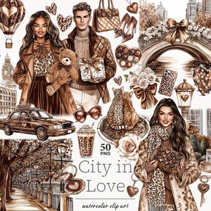 Puede incluir: Conjunto de imágenes prediseñadas de acuarela con temática romántica. La imagen presenta ilustraciones de parejas, paisajes urbanos, corazones, osos de peluche y accesorios de moda en tonos marrones y beige. También se incluye el texto "City in Love".