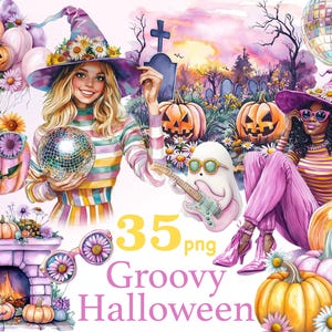 Groovy Halloween Clipart, Retro Halloween Clipart, Hippie Halloween Clipart, Pastell Halloween ClipArt, Pastell Halloween png, Pink Halloween
