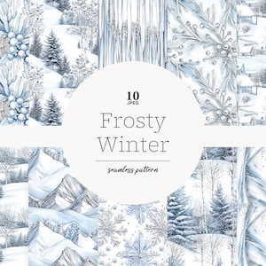 May include: A collection of ten "Frosty Winter" seamless pattern designs in shades of blue and white. The patterns feature winter landscapes, snowflakes, and floral elements. The image includes text that reads "10 JPEG" and "Frosty Winter seamless pattern".