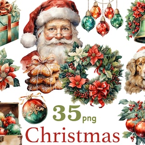 Clipart aquarelle de Noël, sapin de Noël, Images de collage Noël, clipart Noël confortable, sublimation de Noël, clipart père Noël