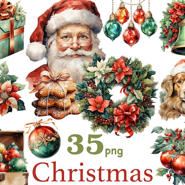 Christmas watercolor clipart, Christmas tree clipart, Christmas Collage Images, cozy Christmas clipart, Christmas Sublimation, Santa clipart