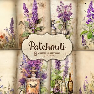 Páginas de diário de lixo de patchouli, folha de colagem de flores, kit de diário de lixo de perfume, arte digital de óleos essenciais, colagem de imagens de plantas exóticas