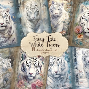 Weißer Tiger Junk Journal, Märchen digitale Kunst, Tier Junk Journal Seiten, Tiger Bild Collage, Schnee Tiger Collage Sheets, Seite digital