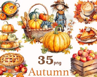 Watercolor Autumn Clipart Set: Cozy Fall PNG (35 Files)