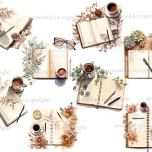 May include: A collection of eight watercolor illustrations featuring open notebooks, coffee cups, and various floral and plant elements. The illustrations are set against a white background.