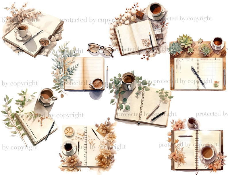May include: A collection of eight watercolor illustrations featuring open notebooks, coffee cups, and various floral and plant elements. The illustrations are set against a white background.