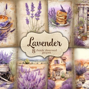 Páginas de diário de lixo de lavanda, coisas efêmeras botânicas vintage, cartão de diário de primavera, papel para impressão provençal, papel de diário de lixo Cottagecore