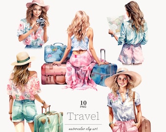 Travel Girl Clipart: Vacation Woman PNG Graphics (Digital Download)