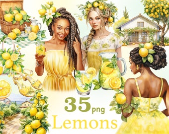 Lemon Clipart: Summer Girls, Lemonade, Cottagecore (35 PNG)