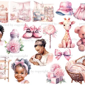 Baby Girl Black Clipart. Watercolor black girls, black baby girl in mother's arms, pink rattle, pink children's room interiors for girls, pink crib, pink shoes, skirt, pink teddy giraffe, teddy bear, children's pink hat and skirt