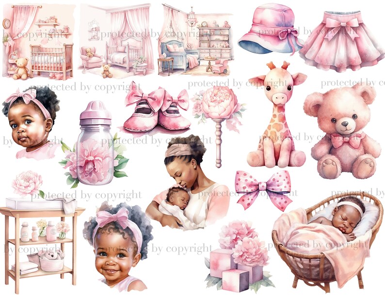 Baby Girl Black Clipart. Watercolor black girls, black baby girl in mother's arms, pink rattle, pink children's room interiors for girls, pink crib, pink shoes, skirt, pink teddy giraffe, teddy bear, children's pink hat and skirt