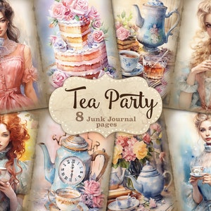 Strona dziennika Tea Party Junk, Dziennik artystyczny Vintage Woman, Papier do pamiętnika Tea Cup Book, Papierowe rzemiosło w stylu wiktoriańskim, Arkusz kolażu cyfrowego Tea Time