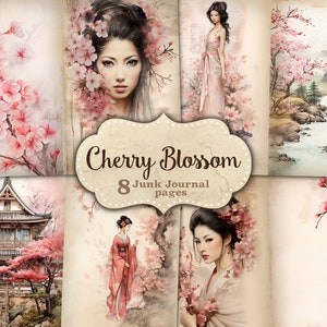 Páginas de diario basura de flor de cerezo, diario imprimible de primavera, collage de imágenes de Sakura, hoja de collage de fantasía, suministros de diario basura, japonés