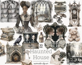 Imágenes prediseñadas de una casa embrujada espeluznante: bruja gótica y vampiro PNG (descarga digital)